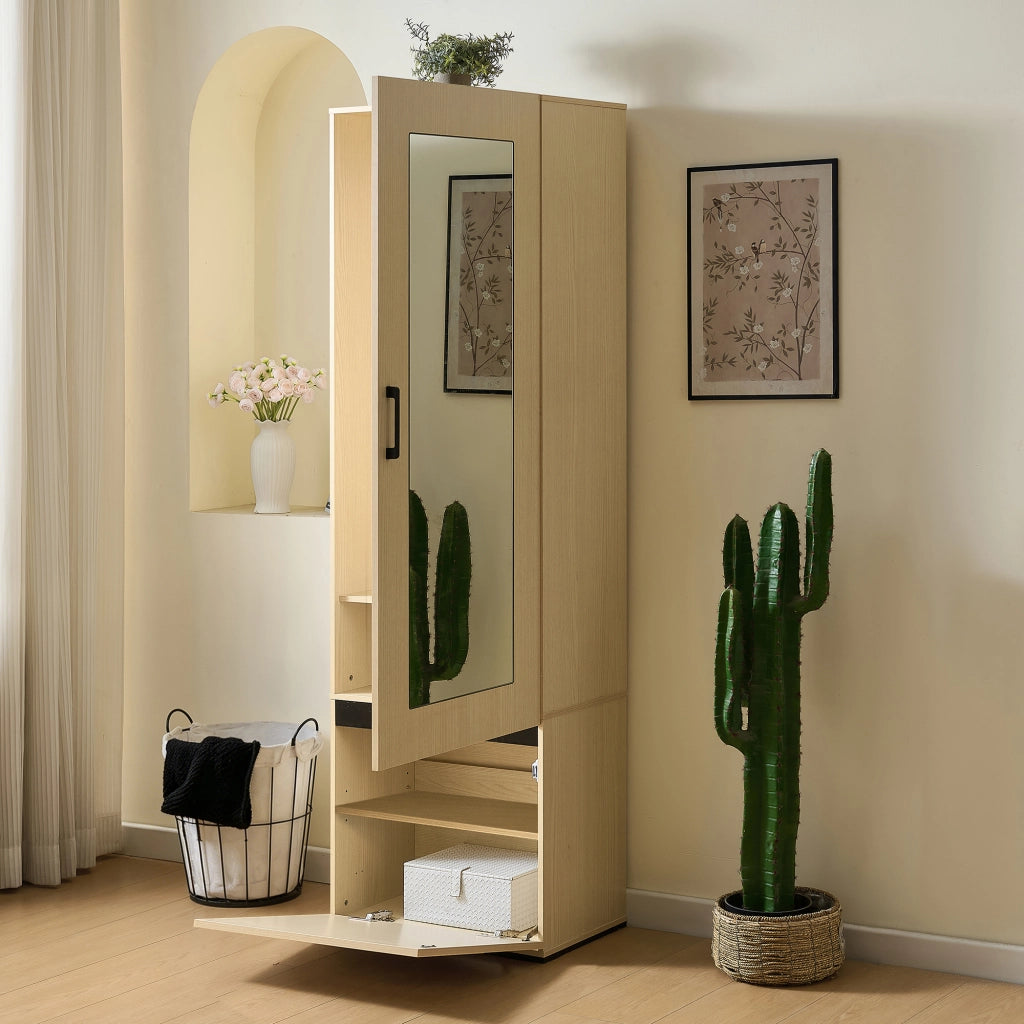 Armadio con specchio e asta appendiabiti estraibile per ingresso e camera; in MDF; legno; 54 × 34;5 × 179;5 cm