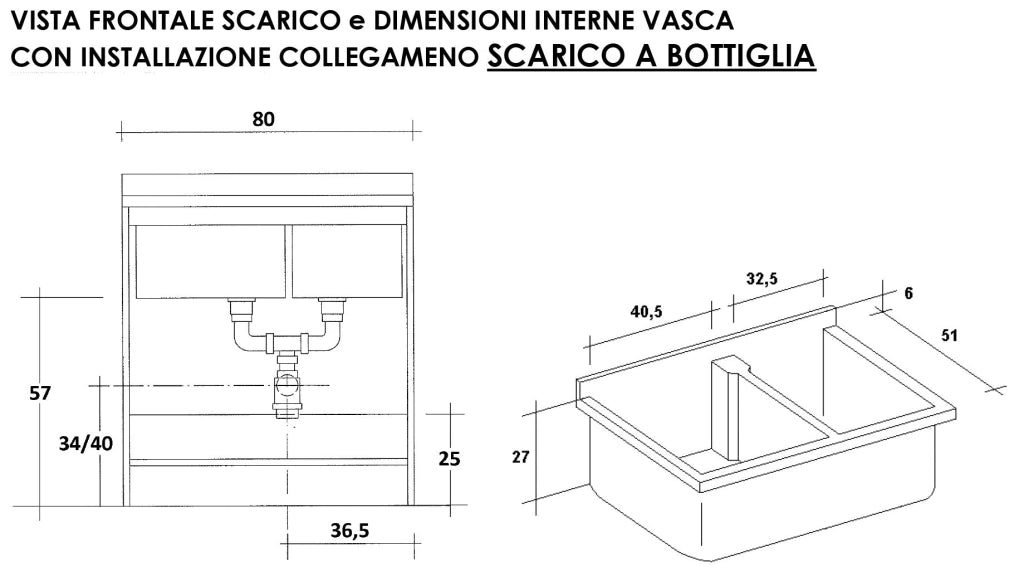 Mobile Lavatoio 80x60x85cm 2 Ante 2 Vasche Asse in Termoplastico Montegrappa Edilla Bianco