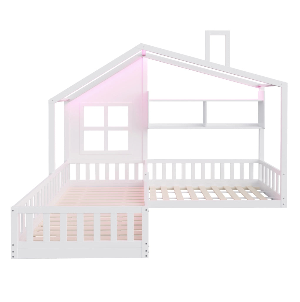 Letto a forma di casa ULEVR 90x200 cm con LED, ripiani e sponde di sicurezza, bianco