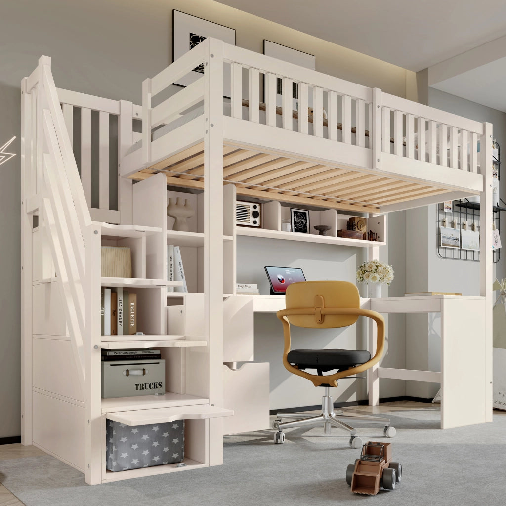 Castello in legno 90x200 bianco scala con armadio scrivania angolare cassetti