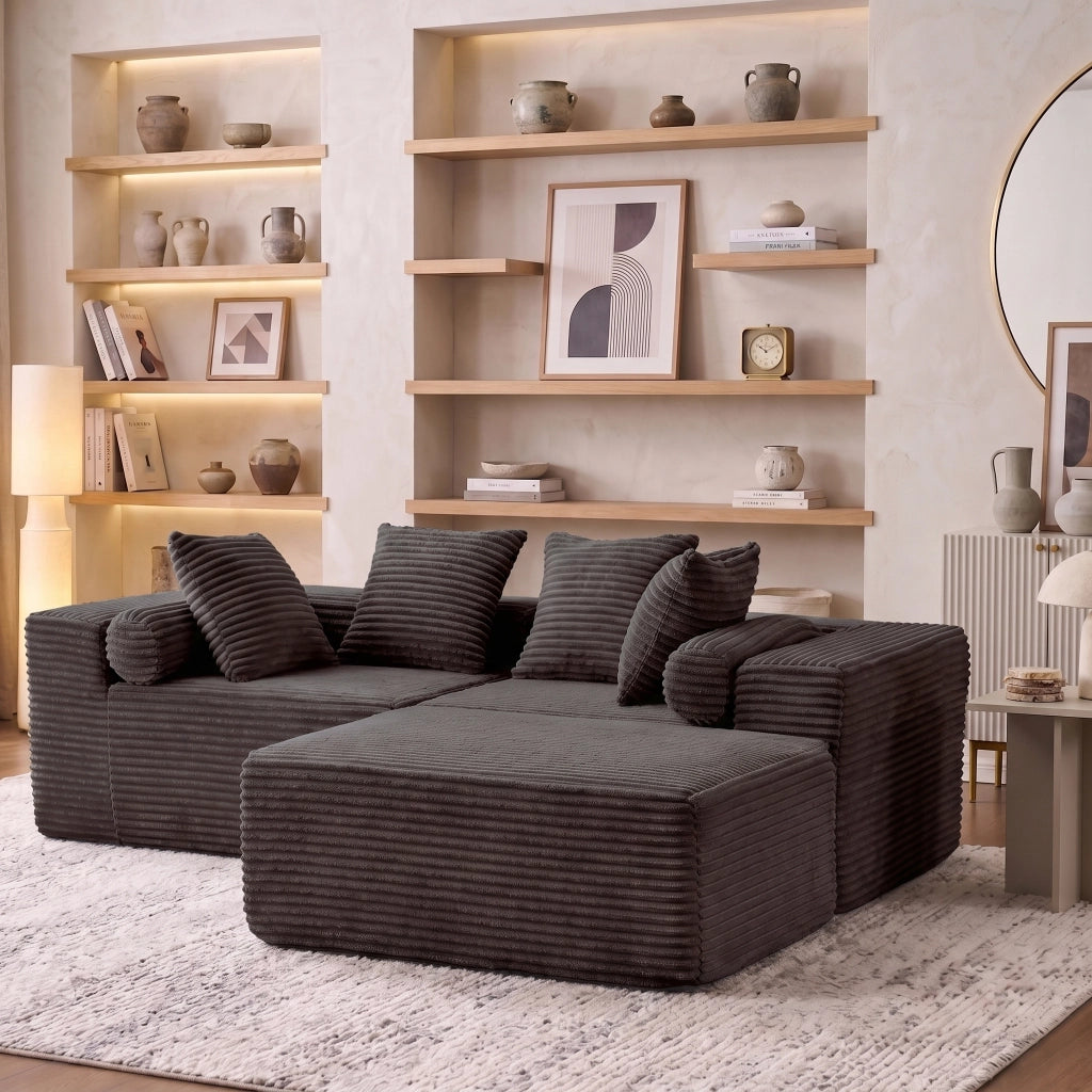 Canapé modulaire angolare senza montaggio con chaise longue ampia per soggiorno e camera da letto in schiuma e molle nero