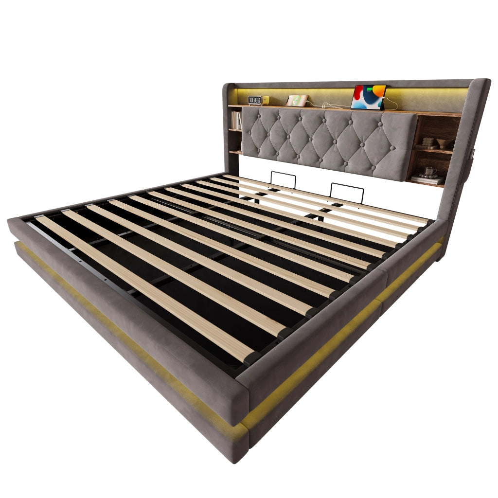 LETTO Contenitore 180x200 cm Velluto Grigio Scuro con testiera multifunzione
