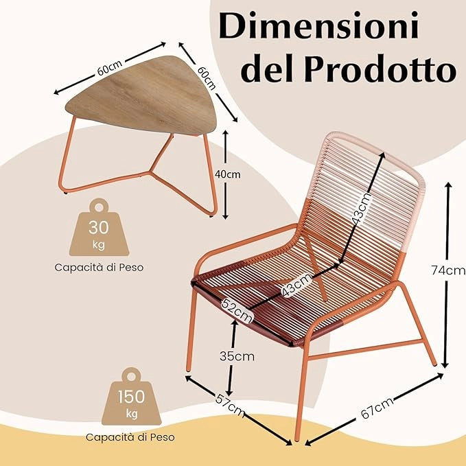 Set Salotto da Giardino in Rattan PE, con 2 Sedie e Tavolo Laterale in Legno-Plastica, Set Bistro per Balcone, Portico e Cortile