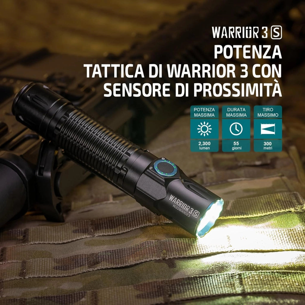 Warrior 3S Potente Torcia Max 2,300 Lumen, 300 Metri, 6 Uscite, 130 ore di Funzionamento Torcia con Doppio Interruttore a Led per Esterni, Forze Dell'ordine (Nero)