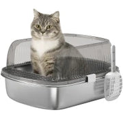 Lettiera per Gatti Coperta Chiusa con Vassoio in Acciaio Inox Pareti Alte Paletta e Area per Caduta di Sabbia Grigio