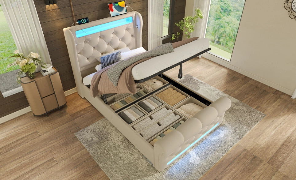 Letto imbottito 90x200 cm in velluto beige con LED; USB-C; contenitore idraulico e materasso
