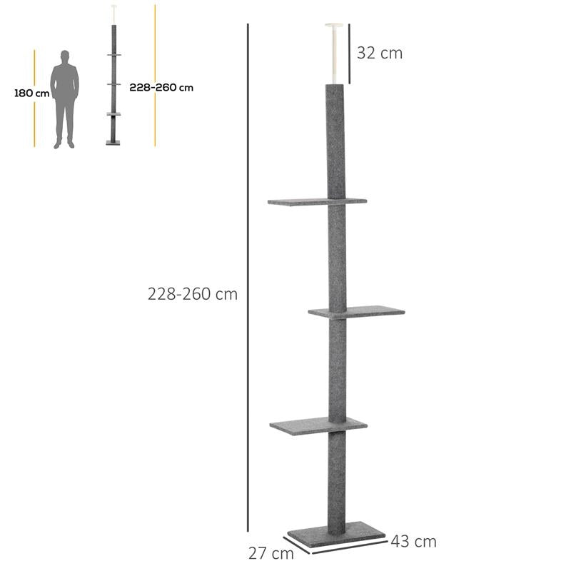 ALBERO TIRAGRAFFI PER GATTI A 4 LIVELLI CON ALTEZZA REGOLABILE GRIGIO 43X27X228-260 CM