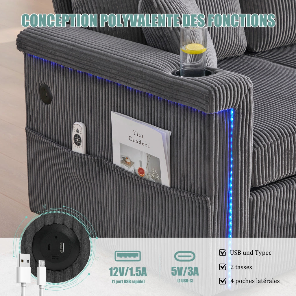 Divano in velluto con LED e USB-C - Zephmum - Con portaoggetti e porta bevande - Grigio scuro