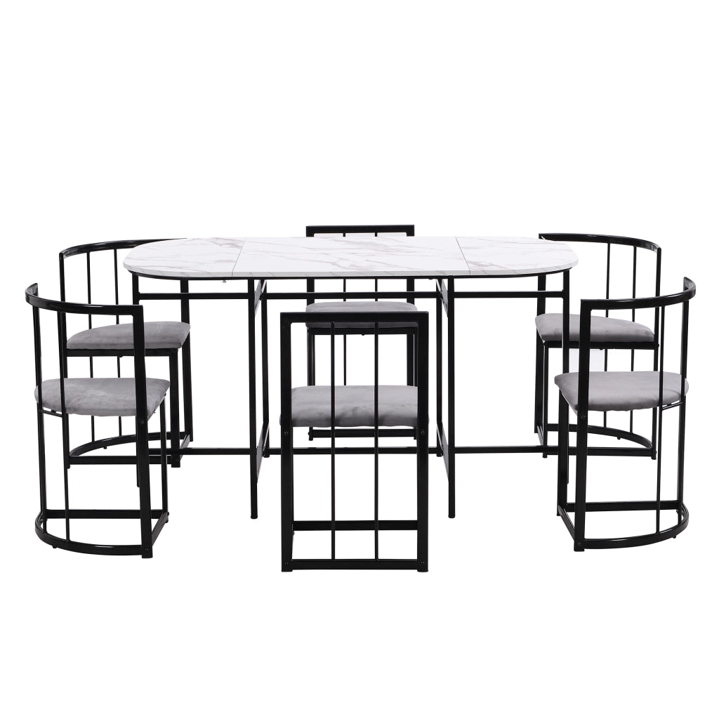 Tavolo da pranzo per 6 persone con 6 sedie con schienale e seduta imbottita stile moderno in MDF bianco e ferro nero