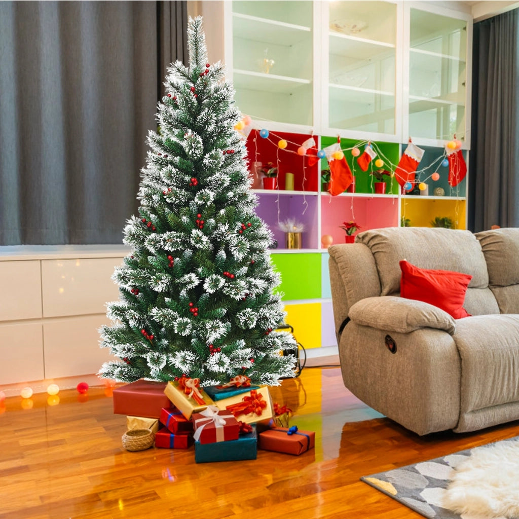 Albero di Natale 180 cm innevato e non illuminato, Abete artificiale con bacche rosse