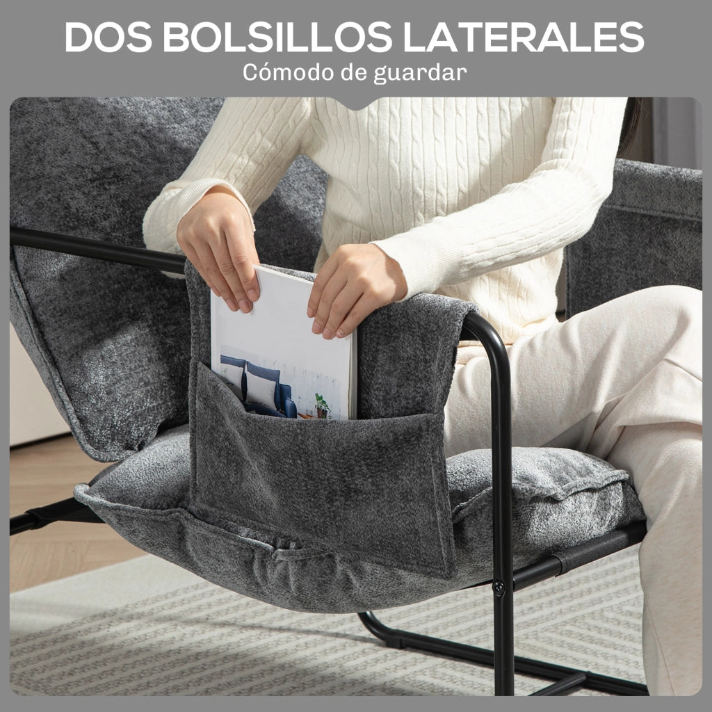 Poltrona Relax Moderna ¨C Xylo ¨C Tessuto Chenilla Grigio con Braccioli e Tasche 68x76x81 cm