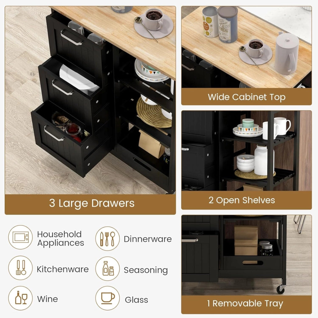 Carrello di Servizio con 4 Ripiani, Scaffale da Cucina con Rotelle, Mobiletto Cucina Salvaspazio con 3 Grandi Cassetti, 67x37x83,5 cm, 2 Colori (nero)