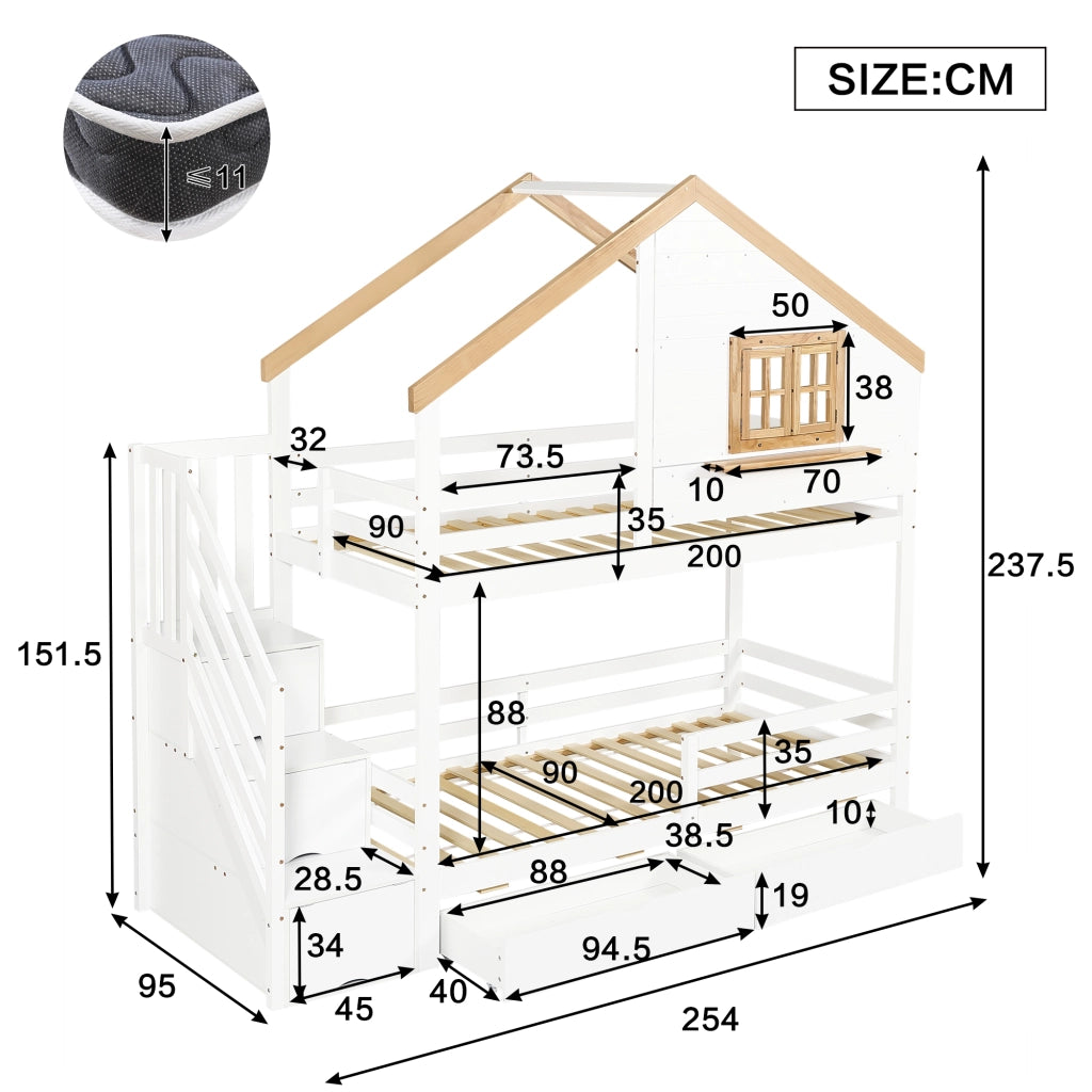 Letto a Castello 90x200 cm con Scala Contenitore; Finestra Apribile e Cassetti