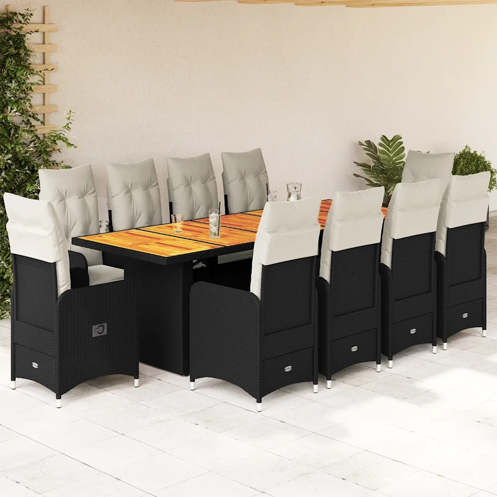 vidaXL Set da Bistrò da Giardino 11 pz con Cuscini Nero in Polyrattan