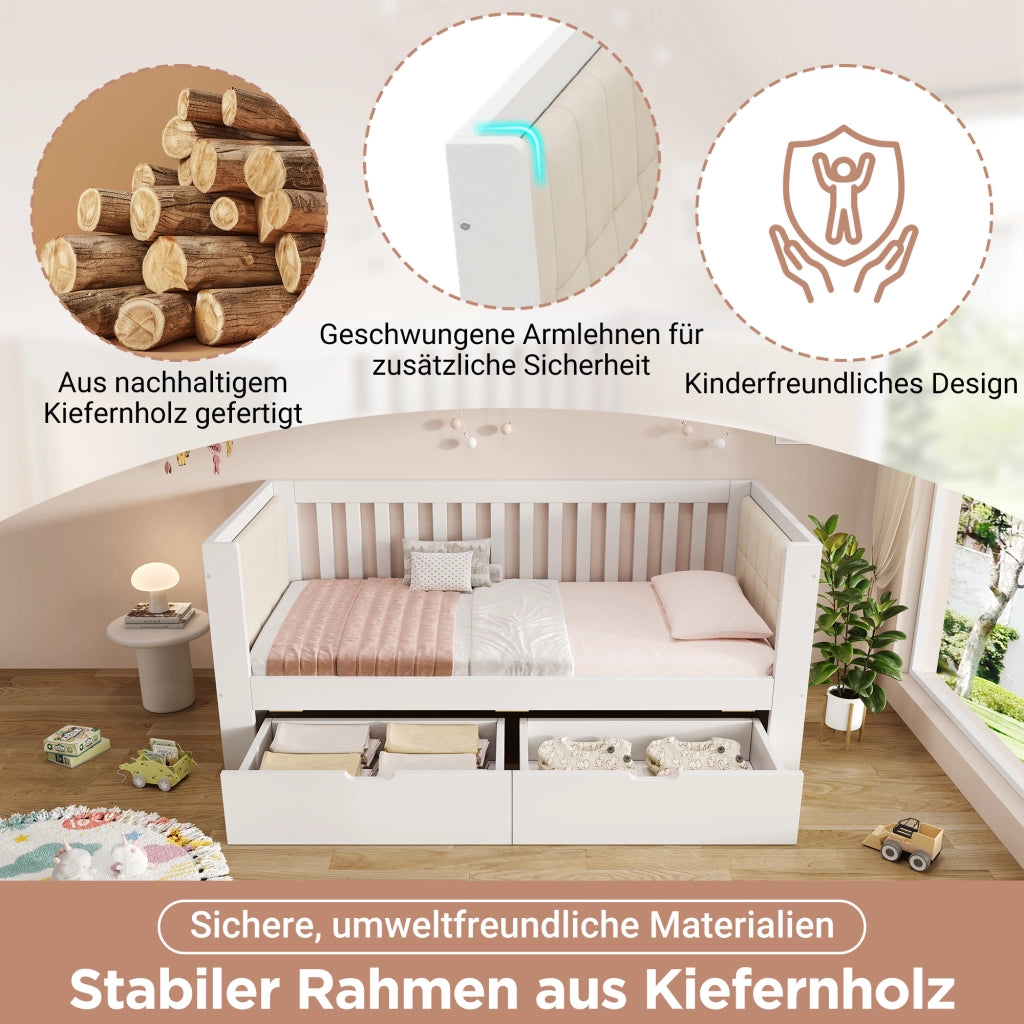 Divano letto con 2 cassetti 90x200 cm in legno bianco