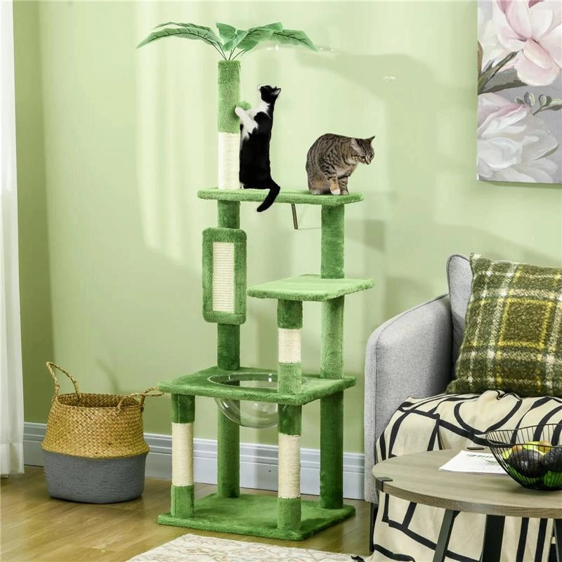 ALBERO PER GATTI MULTILIVELLO CON AMACA TIRAGRAFFI PALLINA E FOGLIE DECORATIVE 49X49X142 CM VERDE