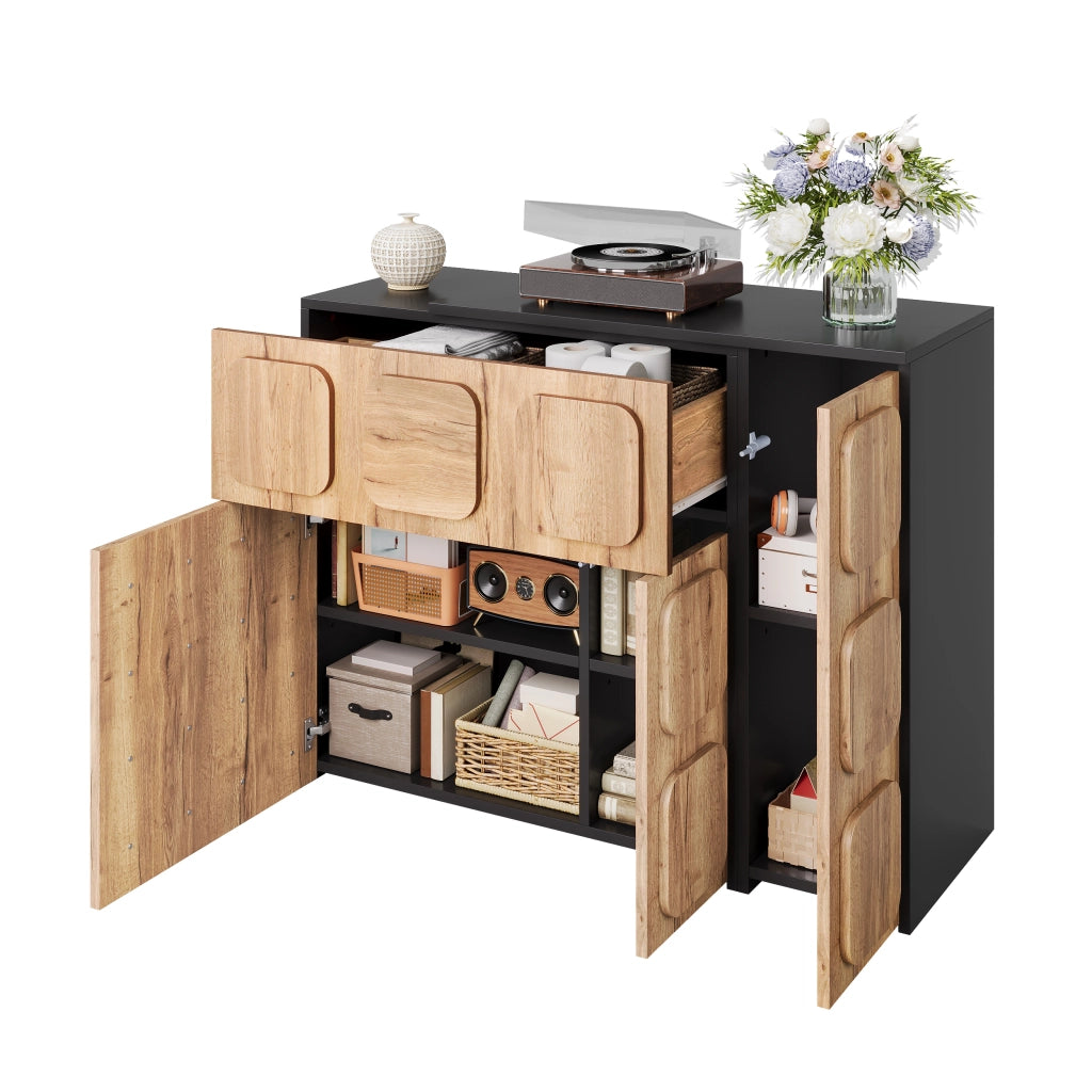 Credenza modulare con cassetti e vani; Push-to-Open per soggiorno in legno naturale