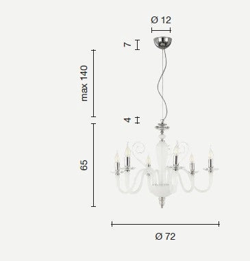 LAMPADARIO DEBUSSY 6 LUCI BIANCO SATINATO CROMO ATTACCO E14 D.72CM