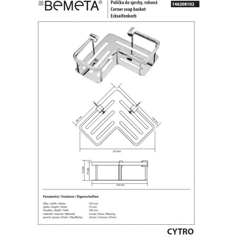 Supporto angolare per doccia a parete CYTRO in ottone 32,5x24x7,5 cm