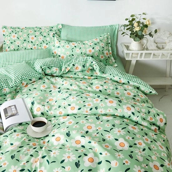 Set di lenzuola per letto, 155 x 220 cm, verde/bianco, disegno di fiori, a righe, set di lenzuola per letto reversibile, copriletto in microfibra e 2 cuscini con copri cuscino 80 x 80 cm, con chiusura a lampo