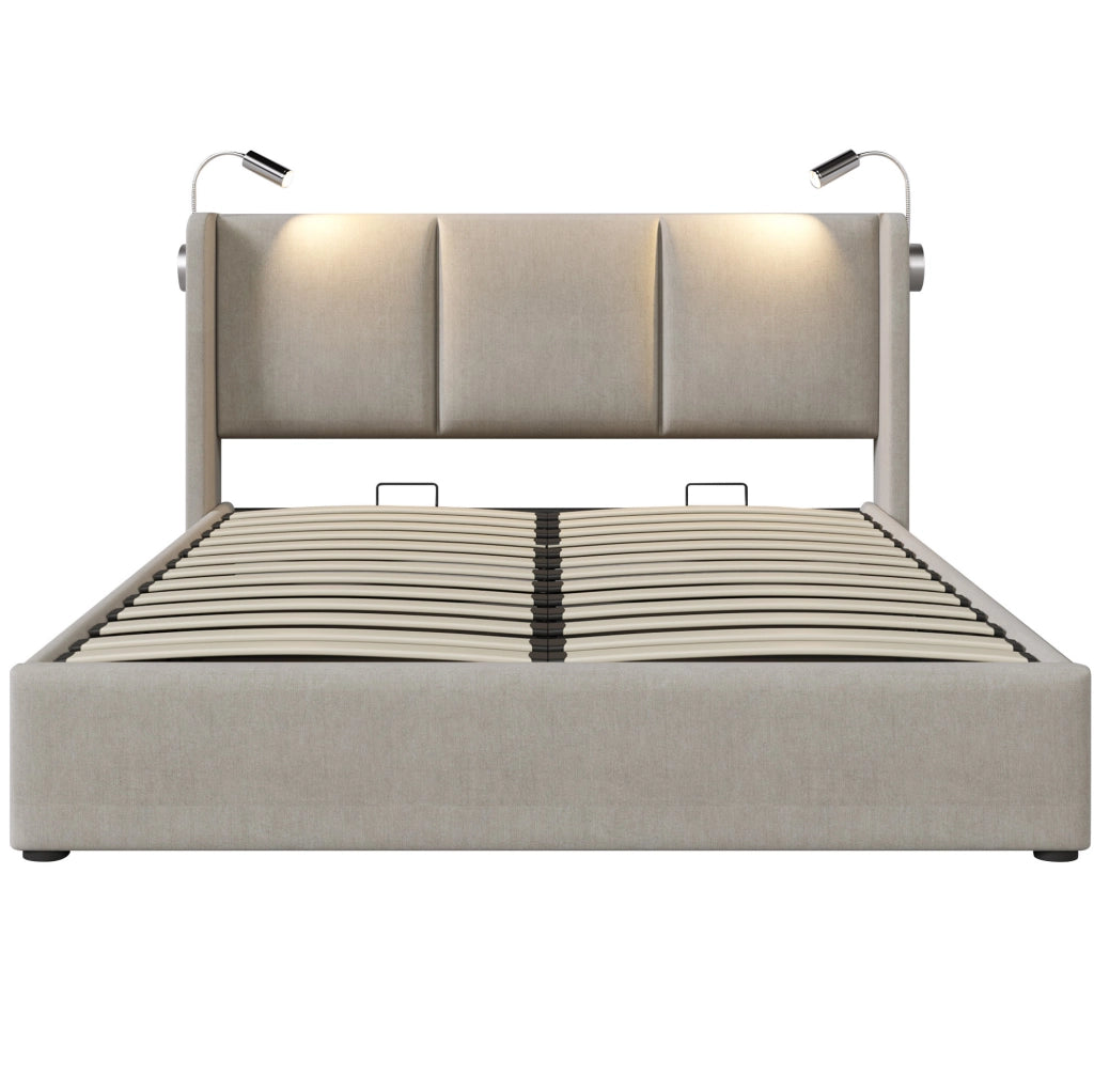 Letto matrimoniale contenitore beige 160x200 con luce e USB