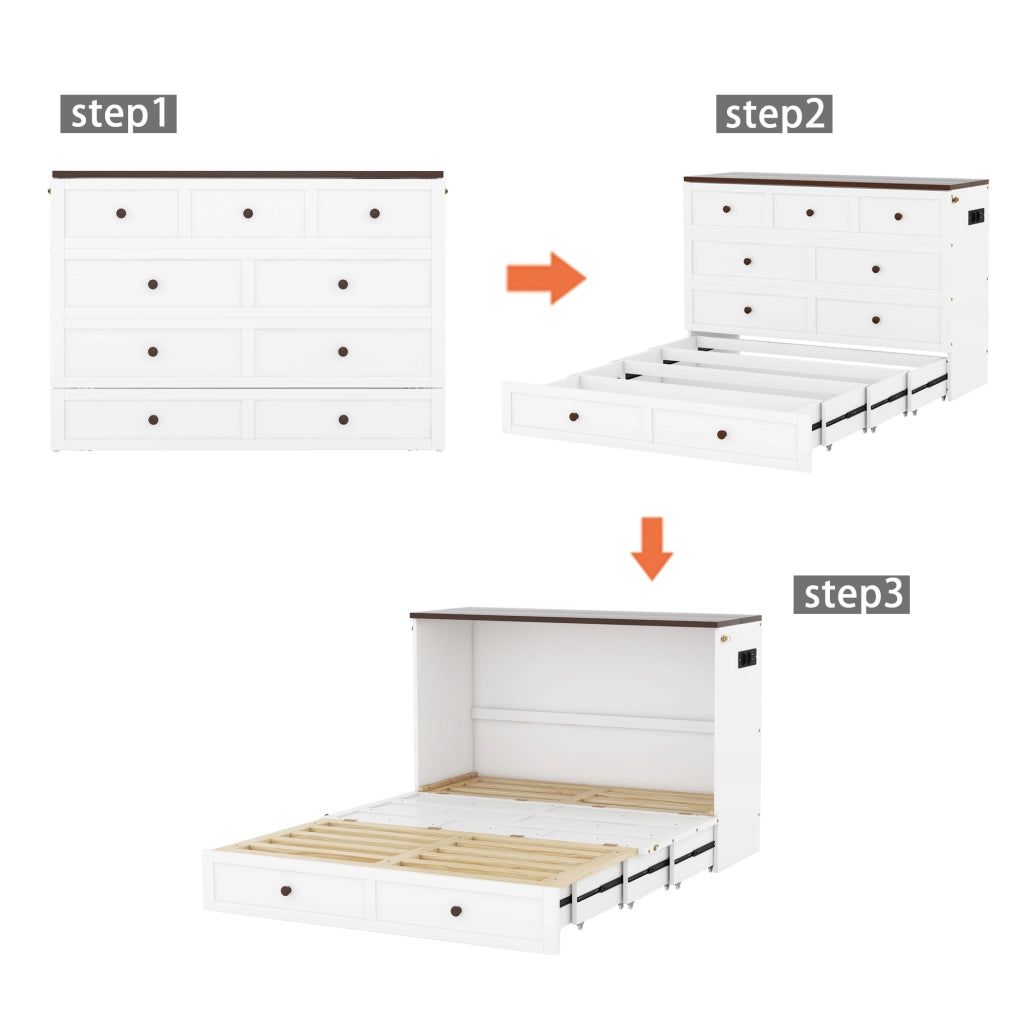 Letto a Scomparsa 140 x 200 cm; con Cassetto; USB e Presa e Mensola - in Legno - Bianco