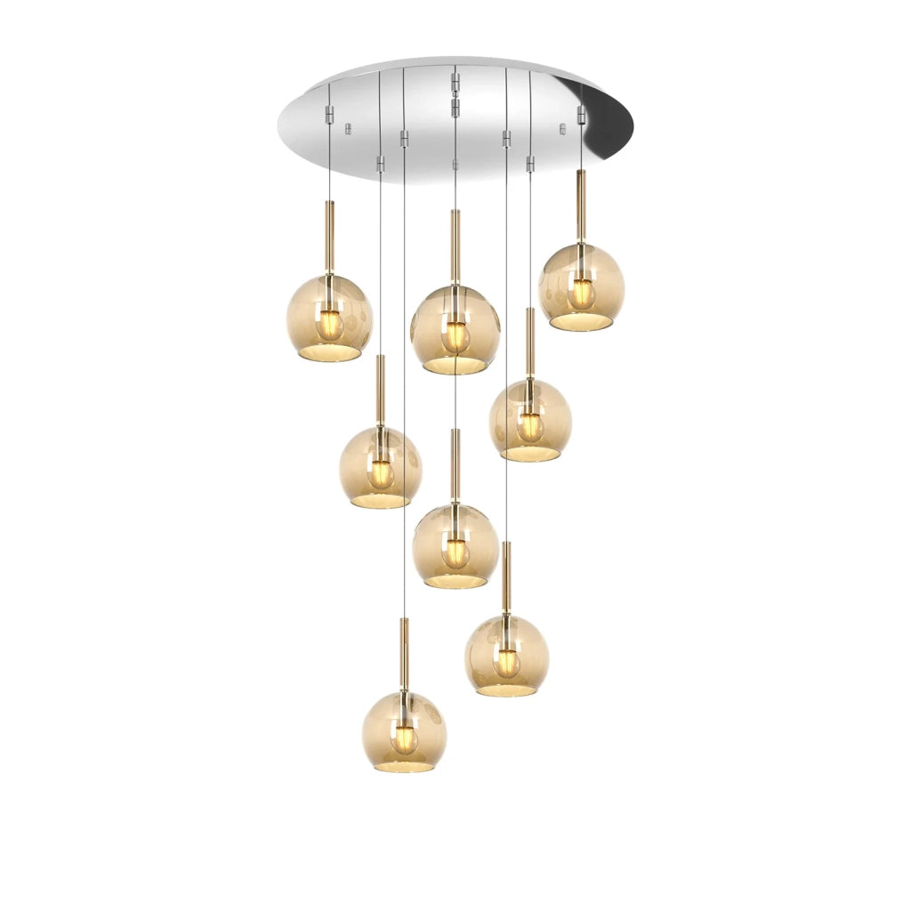 Lampadario Contemporaneo Future Metallo Cromo Vetro Ambra 8 Luci E27