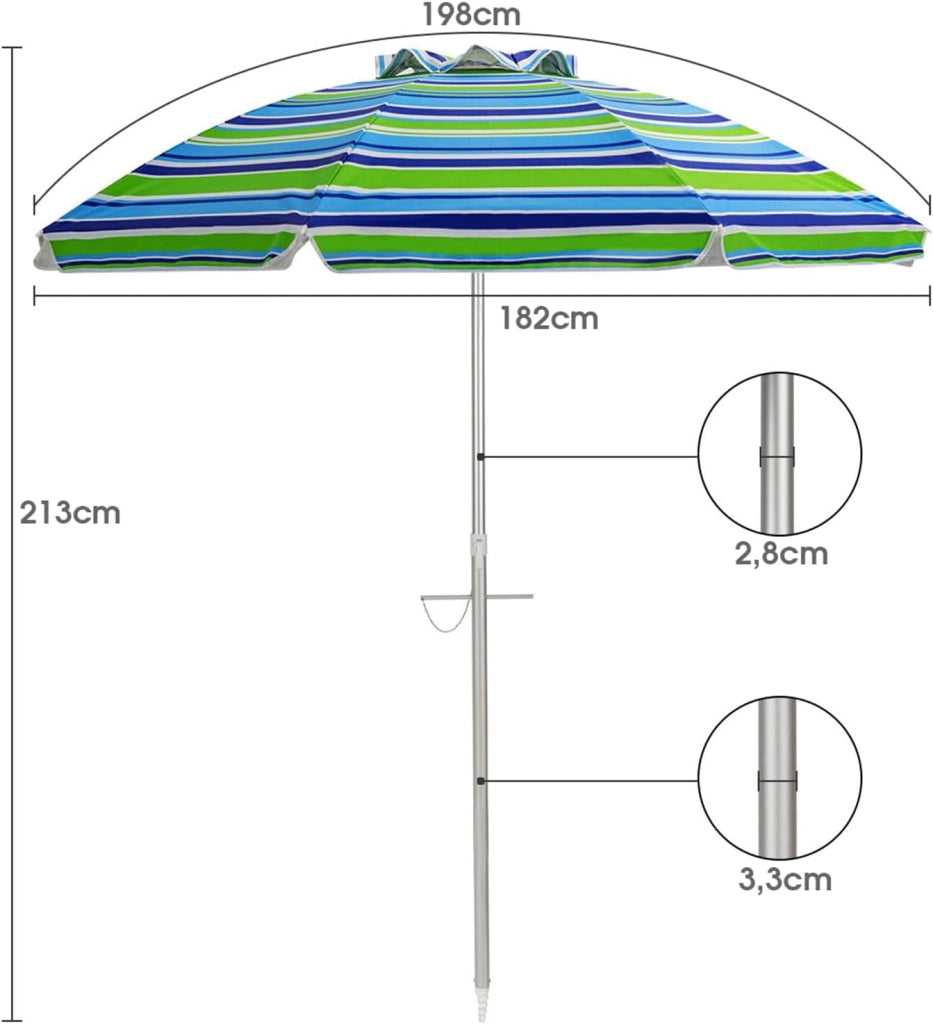 Ombrellone da Spiaggia 198 cm, Ombrello Parasole da Esterno con Palo Inclinabile in Alluminio, Ombrellone Portatile con Borsa di Trasporto, Anti UV 50+, 8 Stecche (Blu e Verde)