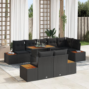 Set pranzo giardino 9 pezzi con cuscini Nero Polyrattan Acacia