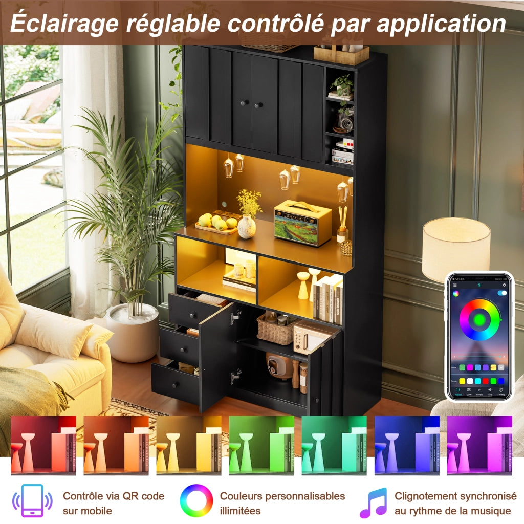 Credenza da cucina con 3 portabicchieri; LED RGB; prese integrate; per cucina e sala da pranzo; 100 × 40 × 180 cm