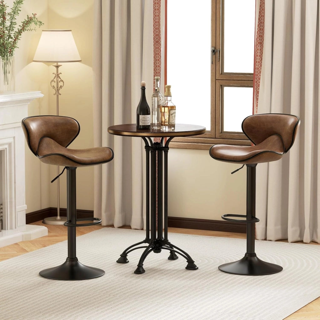 Set di 2 Sgabelli da Bar con Altezza Regolabile, Sgabello da Cucina Imbottito e Girevole a 360° con Schienale, Poggiapiedi e Base Metallica, Sgabelli in Pelle Stampato da Casa (Marrone)