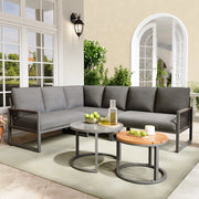 Set lounge da giardino a 5 pezzi con divano angolare, tavolini, struttura in metallo zincato e cuscini grigio