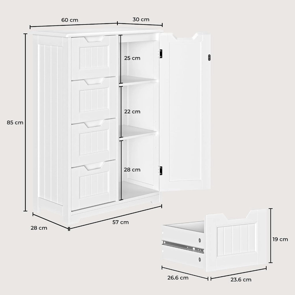 Armadietto per bagno con 4 cassetti, Armadietto autonomo, Armadietto laterale con anta e divisore regolabile, per bagno, ingresso, 30x60x85CM,Bianco