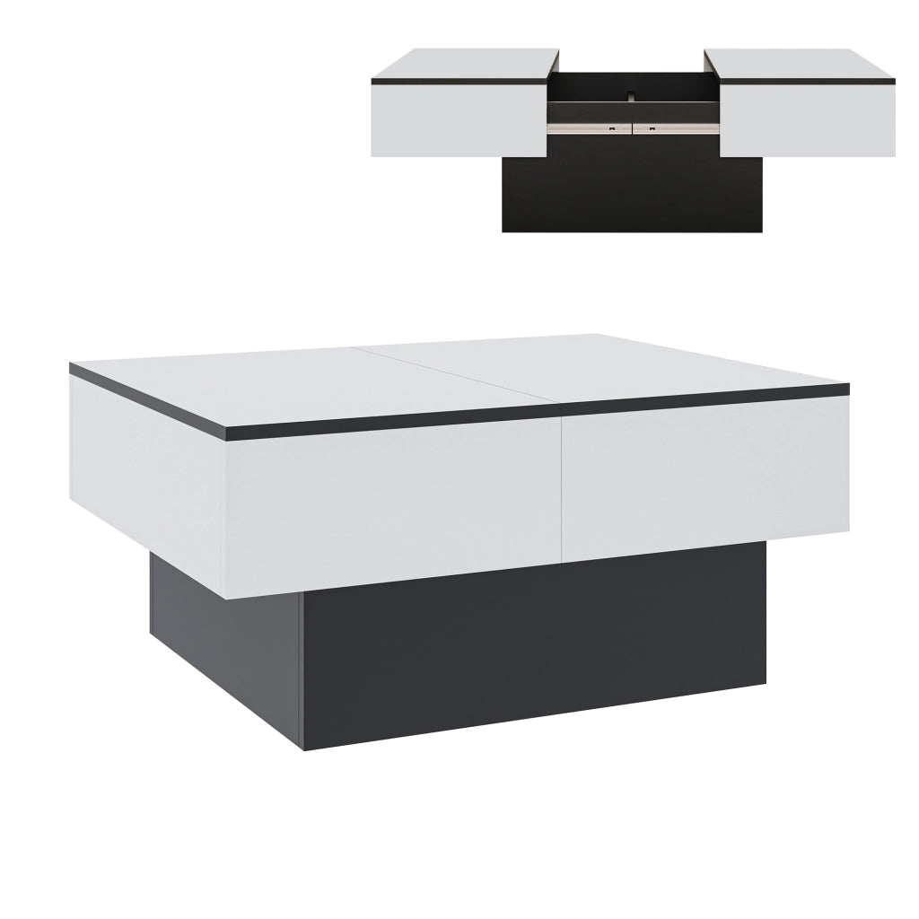 Tavolino Centrale Lens da Salotto con Piano Scorrevole 80 x 60 x 36 cm - Bianco / Nero [en.casa]