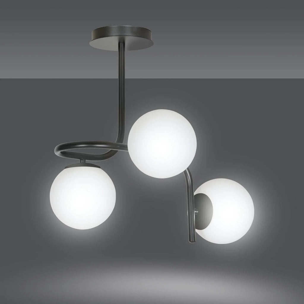 Lampadario 3 Luci Rama In Acciaio Nero A Bracci E Sfere In Vetro Opalino