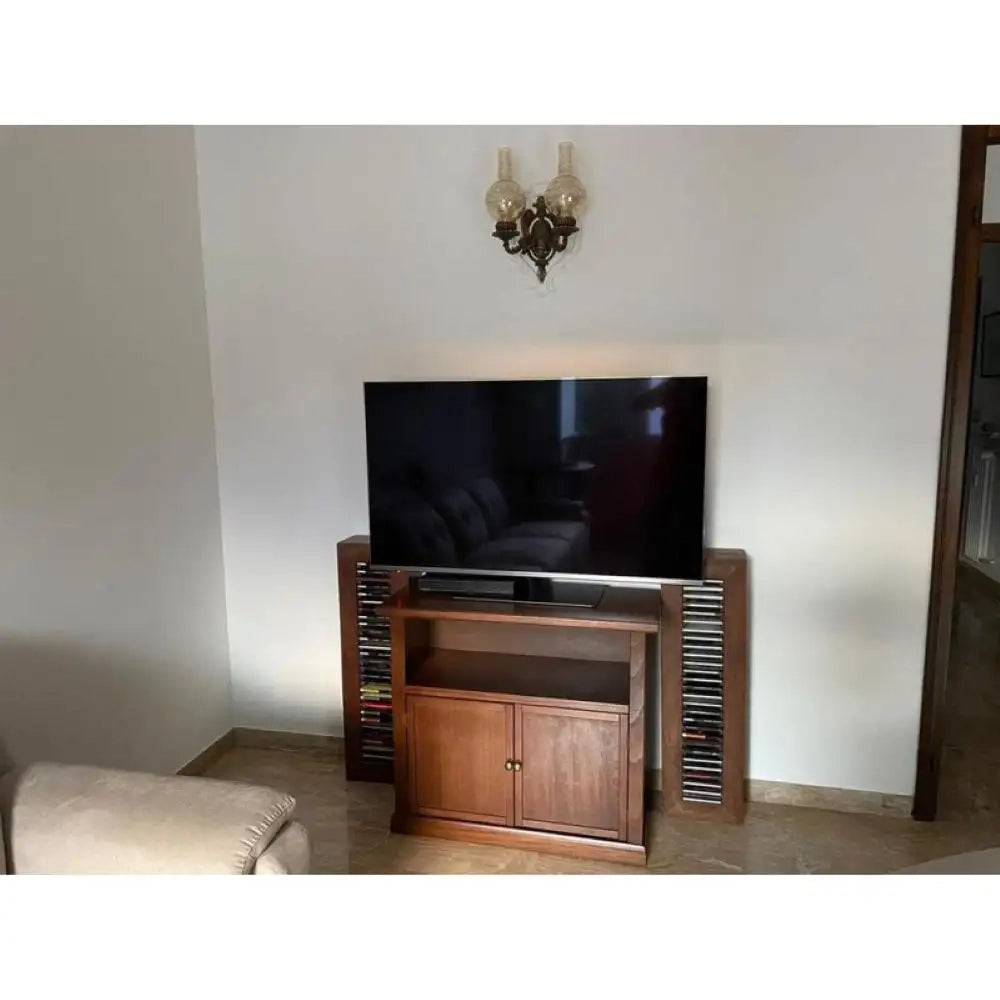 Mobile porta TV con 2 ante in stile arte povera in legno massello e mdf con rifinitura in noce lucido 84x40x80 H