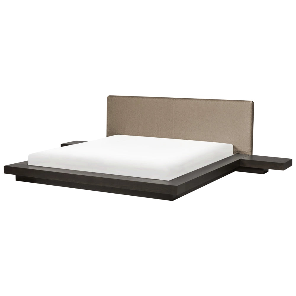 Letto matrimoniale LED con comodini e testata bouclé tortora in frassino scuro 160 x 200 cm stile giapponese