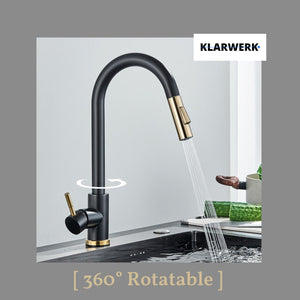 JANA | Rubinetto da cucina estensibile Premium in acciaio inossidabile oro nero | Miscelatore alto Bogo alta pressione ruotabile a 360° 2 attacchi