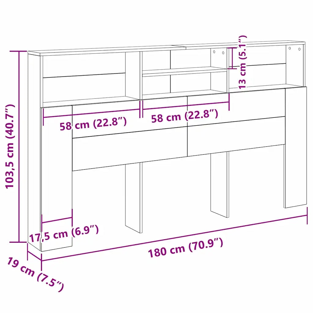 Testata del letto-Testiera con Contenitore Rovere Nero 180 x 19 x 103,5 cm