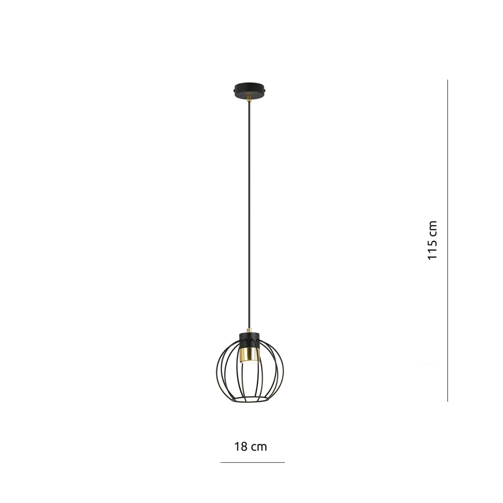 Sospensione Minimal Orfeo 1 Luce In Acciaio Nero A Gabbia Con Oro