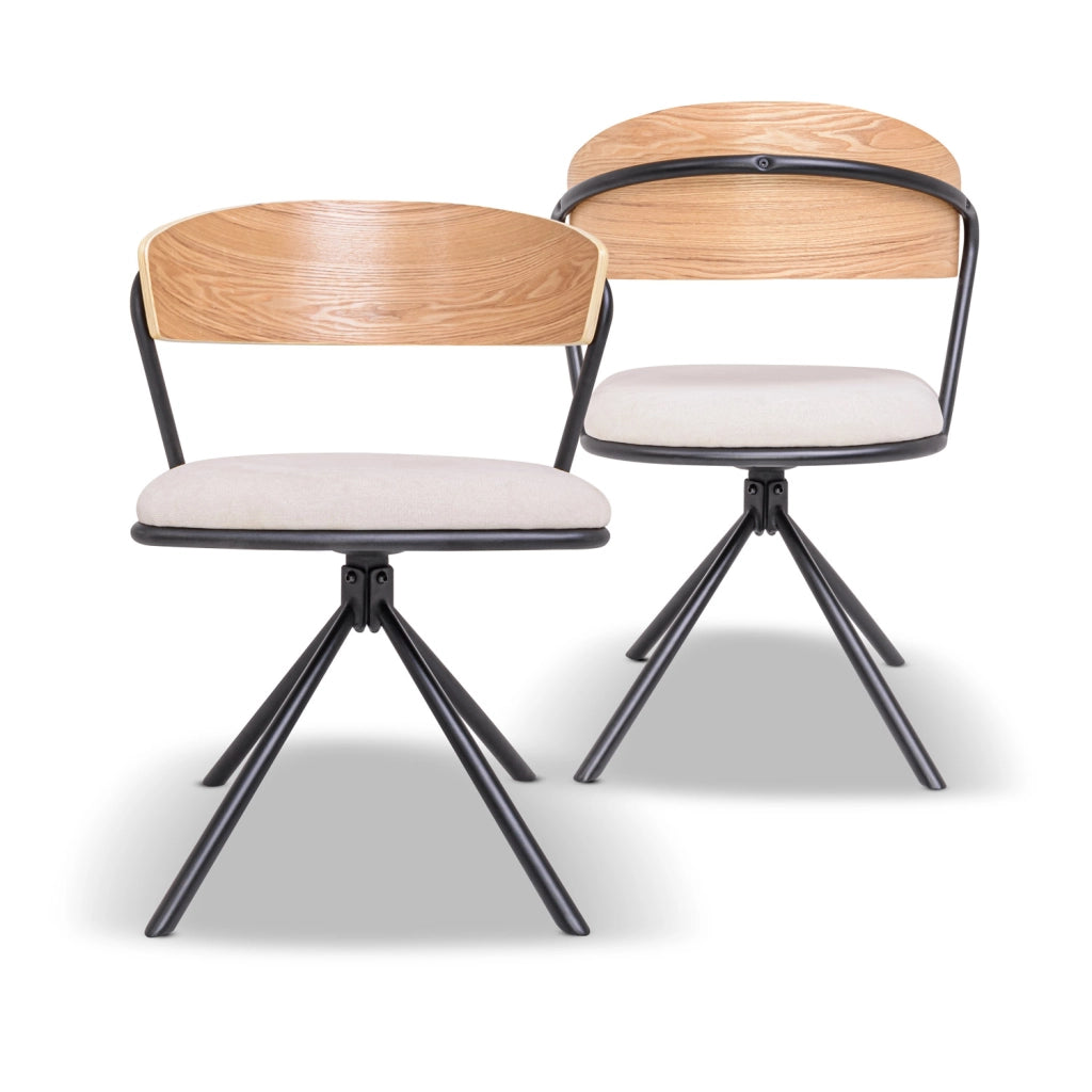 Seul - Set di 2 sedie di design in metallo, schienale in legno massello e seduta in tessuto, girevole 360°