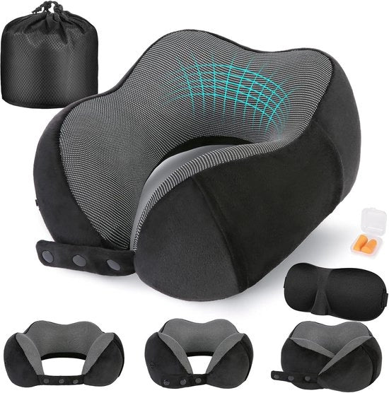 Cuscino per viaggiatori - Cuscino per il collo per viaggiare - Cuscino per viaggiatori per adulti - Adattabile e compattabile cuscino per volo - Cuscino per il collo ergonomico - Con auricolari, occhiali da protezione, tasca da trasporto