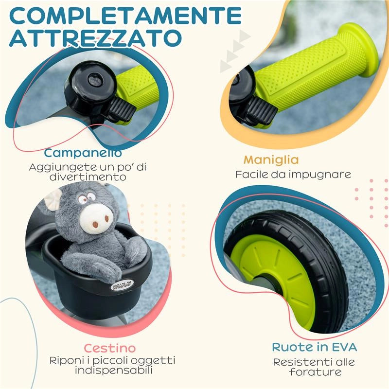 TRICICLO PER BAMBINI DA 2-5 ANNI CON SEDUTA REGOLABILE E CAMPANELLO, 70.5X50X58CM, NERO