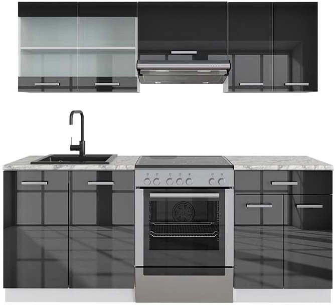 Cucina componibile R-Line, Antracite lucido/bianco, 200 cm PL Marmo, adatto per l'espansione individuale con moduli aggiuntivi