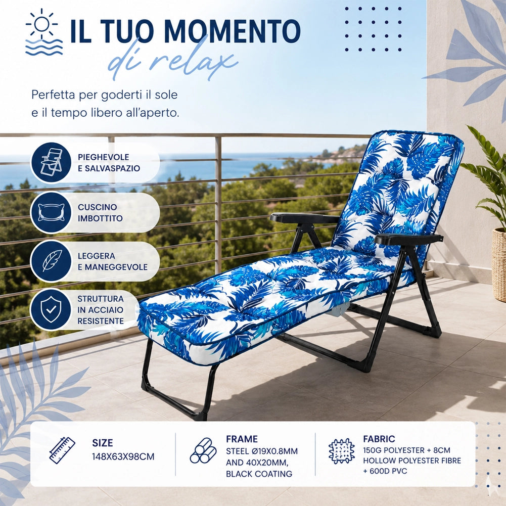 Sedia Sdraio Relax Pieghevole Imbottita con Cuscino Design Floreale 148x63x98cm