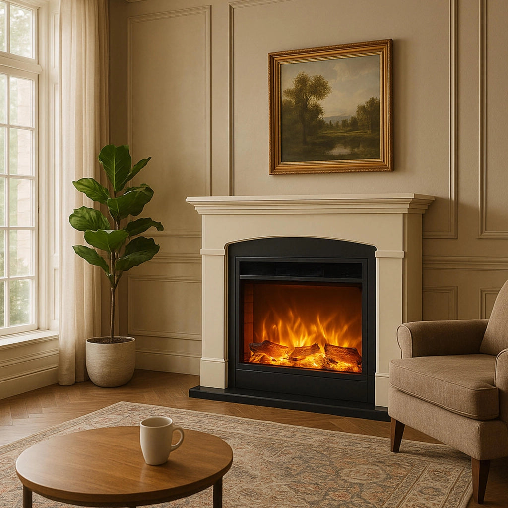 Caminetto Fuego Monica Beige a Parete Con Cornice Telecomando e Bruciatore 1500w Beige