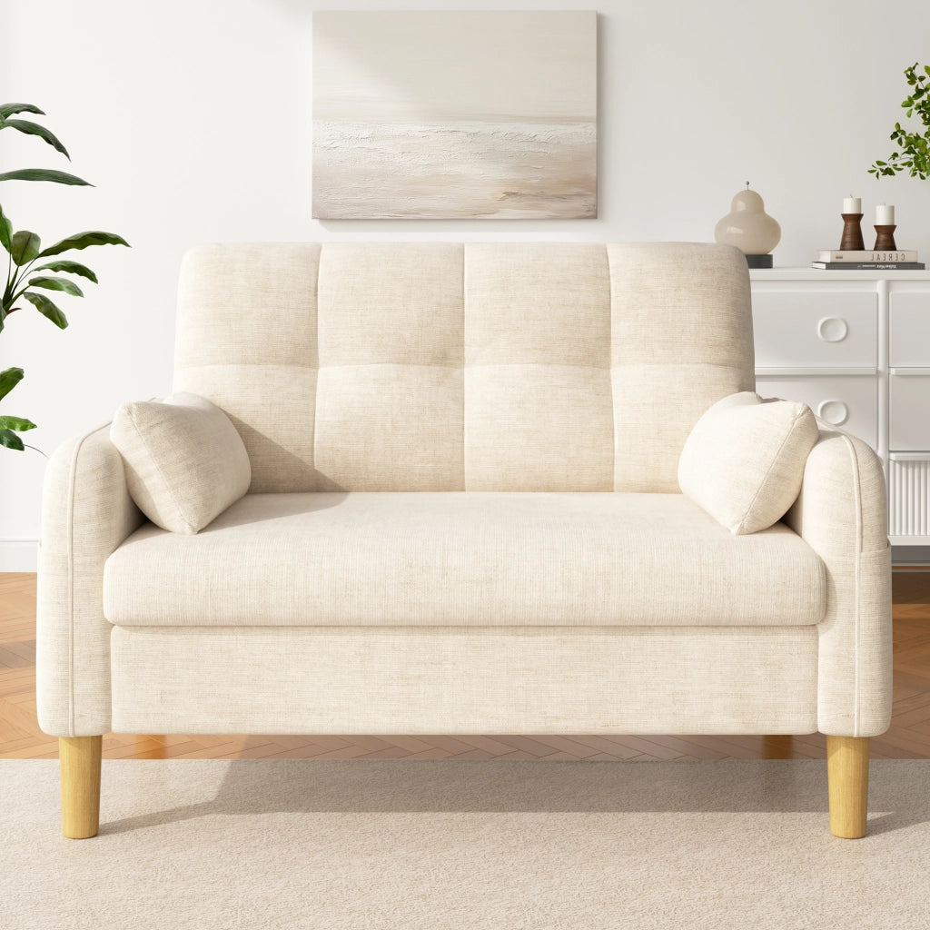 Divano a due posti modulare per piccoli spazi con cuscini schienale alto e tasca laterale in tessuto chenille beige