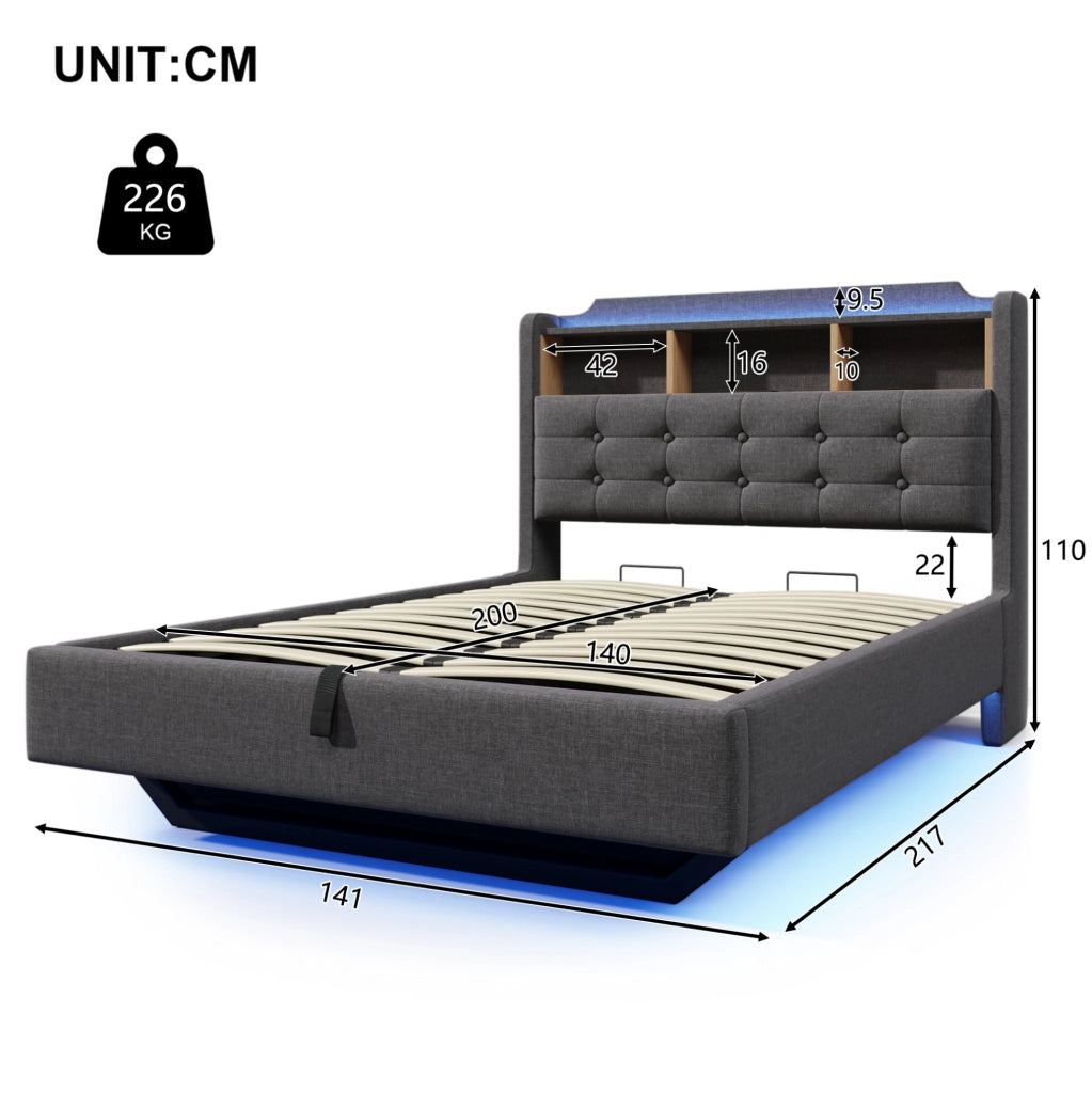 Letto imbottito 140x200 cm con LED, vano contenitore idraulico e prese USB