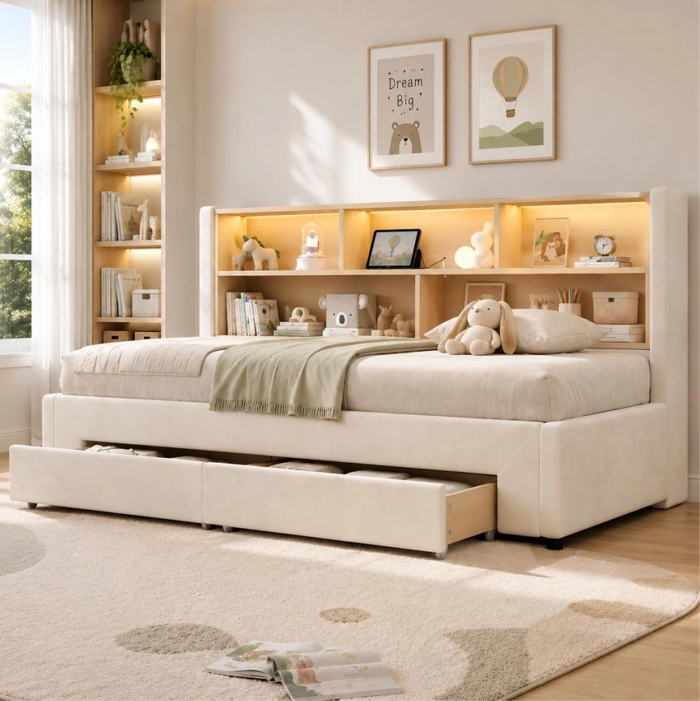 Daybed estraibile 90x200 cm trasformabile in 180x200 cm; con cassetti; USB; Type-C e LED; velluto beige