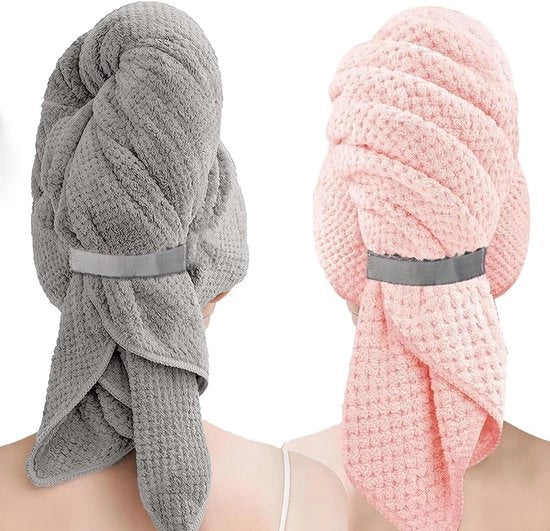 Set di 2 asciugamani per capelli in microfibra extra grandi per donne, asciugamani per capelli veloci per capelli ricci, superassorbenti, morbidi e senza pelucchi, lunghezza 60 x 100 cm (rosa e grigio)